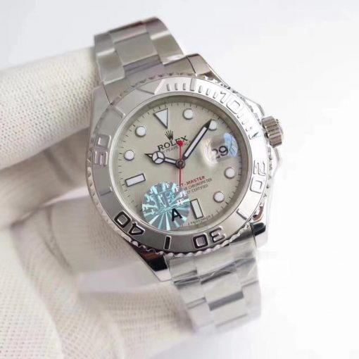 ساعة Rolex تقليد يخت ماستر إطار فضي بأرضية لون رمادي للرجال مقاس 40
