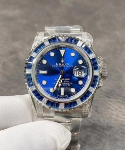 ساعة تقليد Rolex ساب مارينر إطار فضي بأرضية لون أزرق للرجال مقاس 40