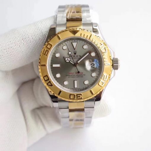 ساعة Rolex يخت ماستر تقليد إطار فضي وذهبي بأرضية لون رمادي للرجال مقاس 40