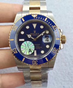 ساعة تقليد Rolex ساب مارينر إطار فضي وذهبي بأرضية لون أزرق للرجال مقاس 40
