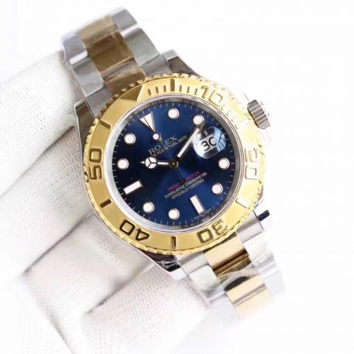 تقليد ساعة Rolex يخت ماستر إطار فضي وذهبي بأرضية لون أزرق للرجال مقاس 40