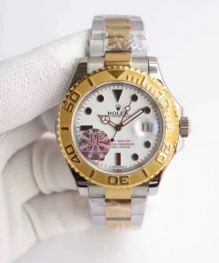 تقليد ساعة Rolex يخت ماستر إطار فضي وذهبي بأرضية لون أبيض للرجال مقاس 40
