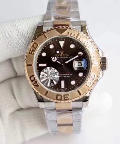 تقليد ساعة Rolex يخت ماستر إطار فضي ونحاسي بأرضية لون أسود للرجال مقاس 40