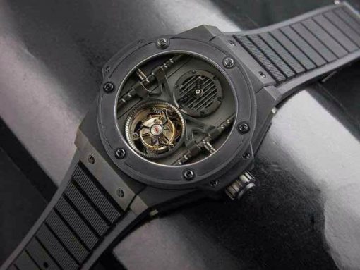 تقليد ساعة هوبلت Hublot  بإطار أسود وأرضية بلون اسود للرجال مقاس 48