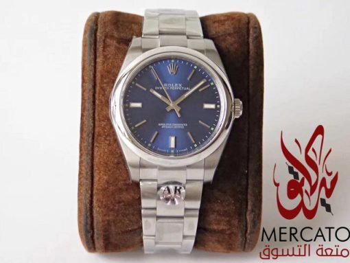 Rolex ساعة رولكس اويستر بربتشوال فضيه تقليد بأرضية لون أزرق للرجال مقاس 39