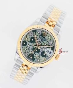 ساعة رولكس ديت جست 31 مم بالتاريخ أرضية مزخرفة بالورود لون أخضر للنساء