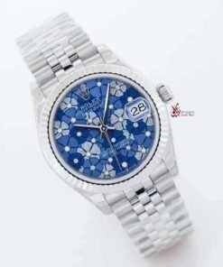 ساعة رولكس ديت جست 31 مم بالتاريخ أرضية مزخرفة بالورود لون أزرق للنساء